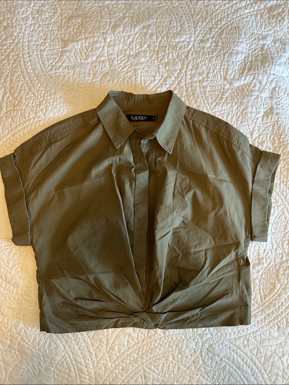 Lauren Ralph Lauren Olive Green Twist-Front Button Down Shirt